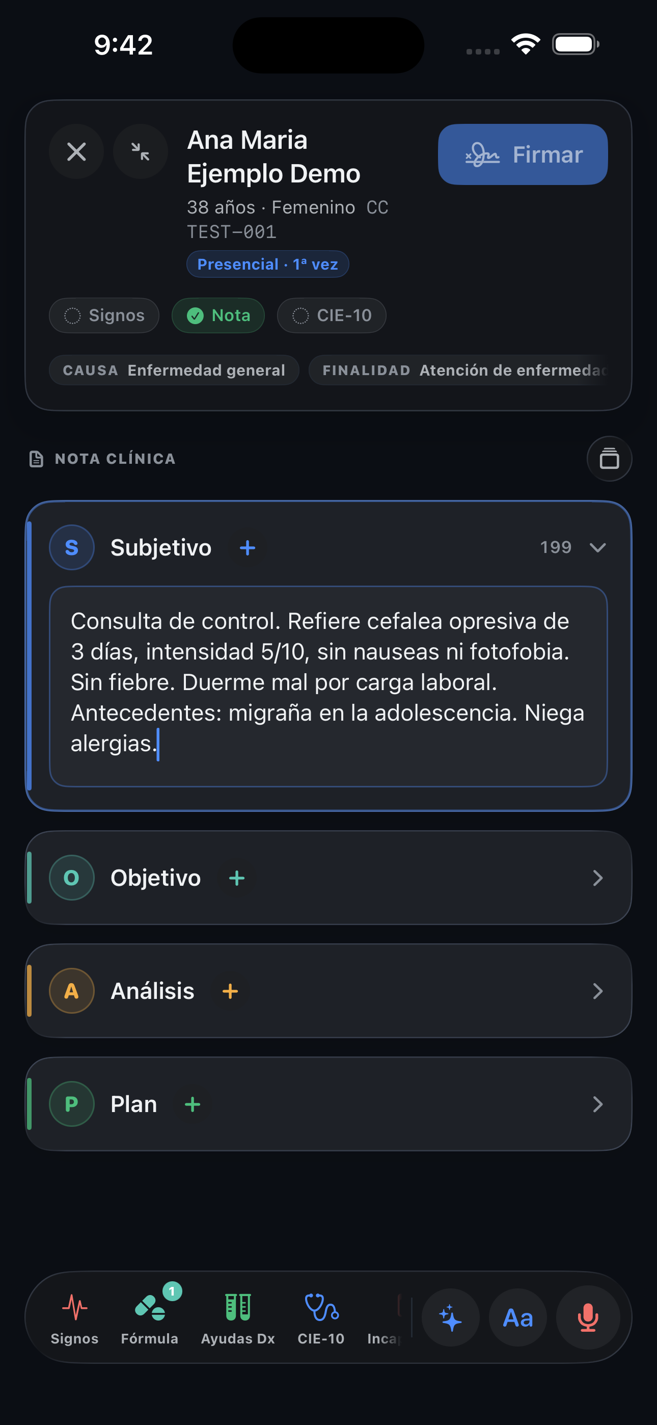 Editor de historia clínica en el iPhone