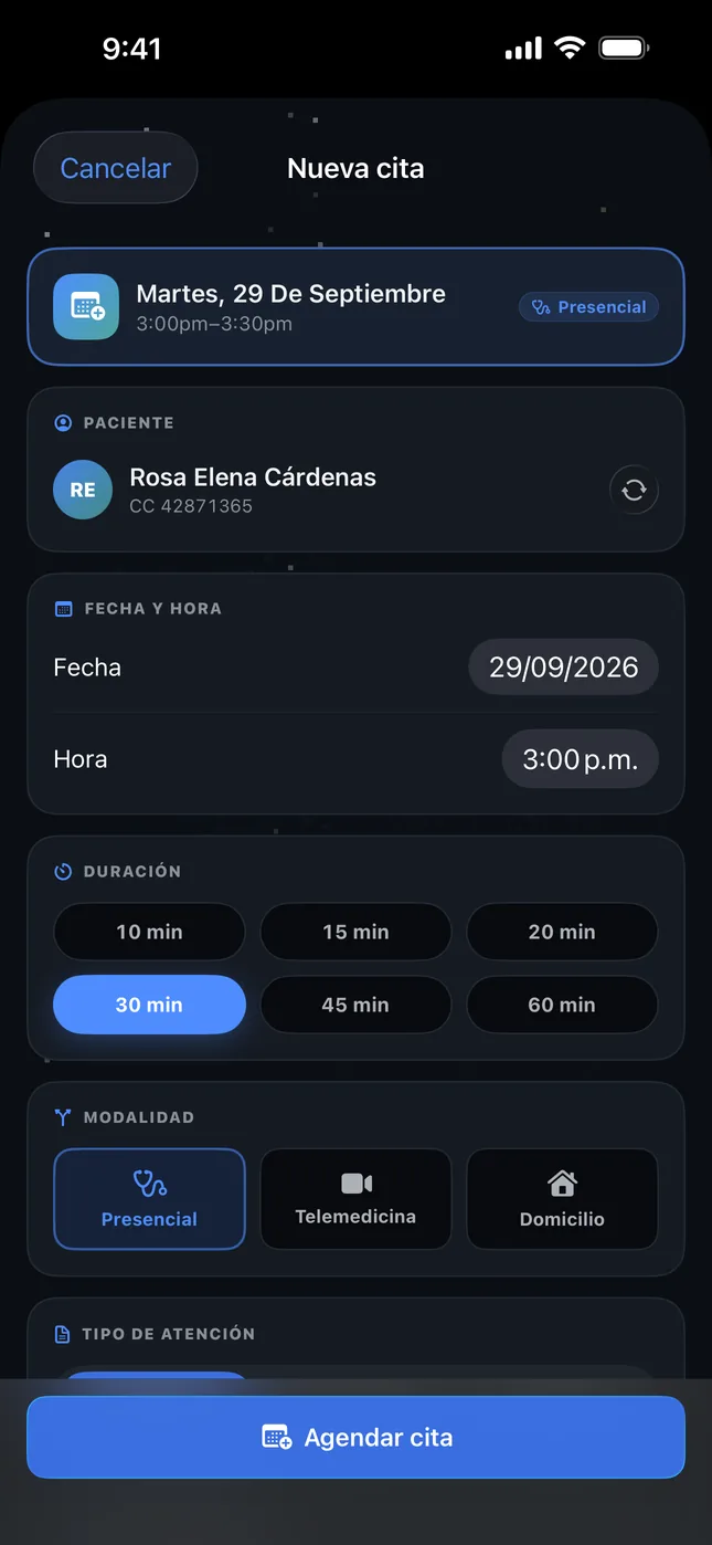Nueva cita en el iPhone: paciente, fecha, duración y la modalidad Presencial, Telemedicina o Domicilio