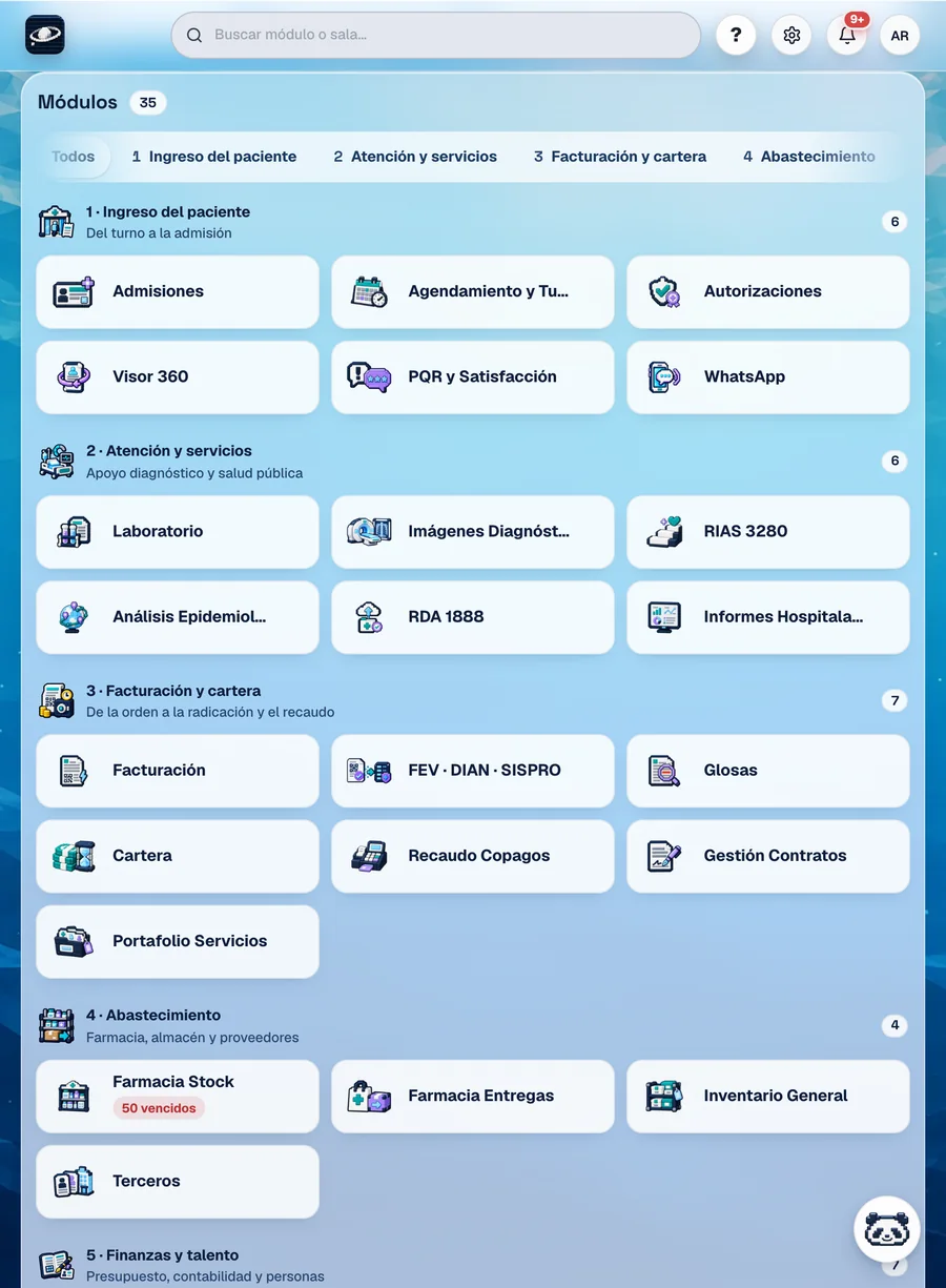 Módulos administrativos de Soul Enterprise en iPad