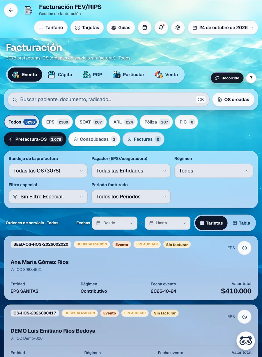 FEV / RIPS en el iPad: facturas por evento con sus totales, radicadas y sin rechazo