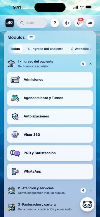 Soul Enterprise en iPhone: el menú Administrativo, con los módulos FEV RIPS y FEV · DIAN · SISPRO